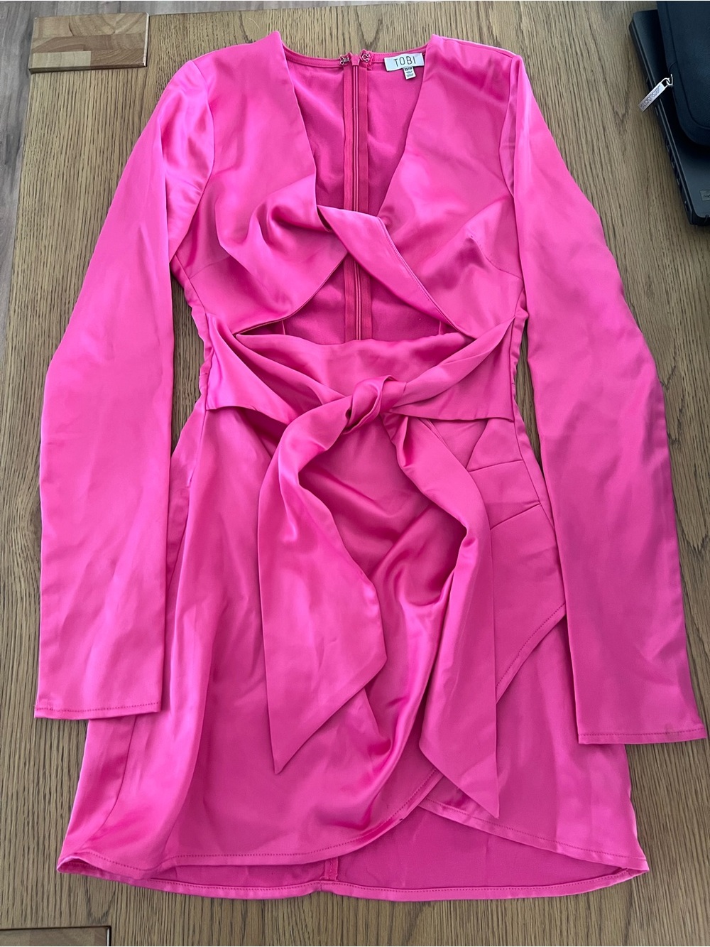 Tobi Hot Pink Twist-Front Long Sleeve Mini Dress